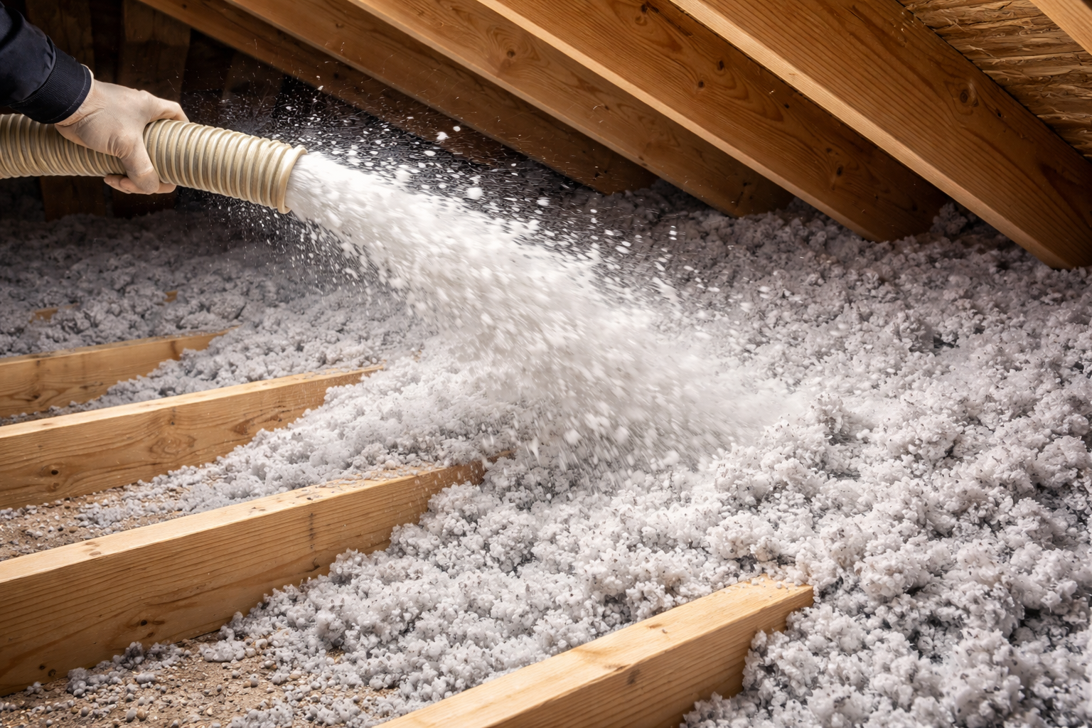 A hand sprays loose-fill insulation into an attic between wooden ceiling joists.
