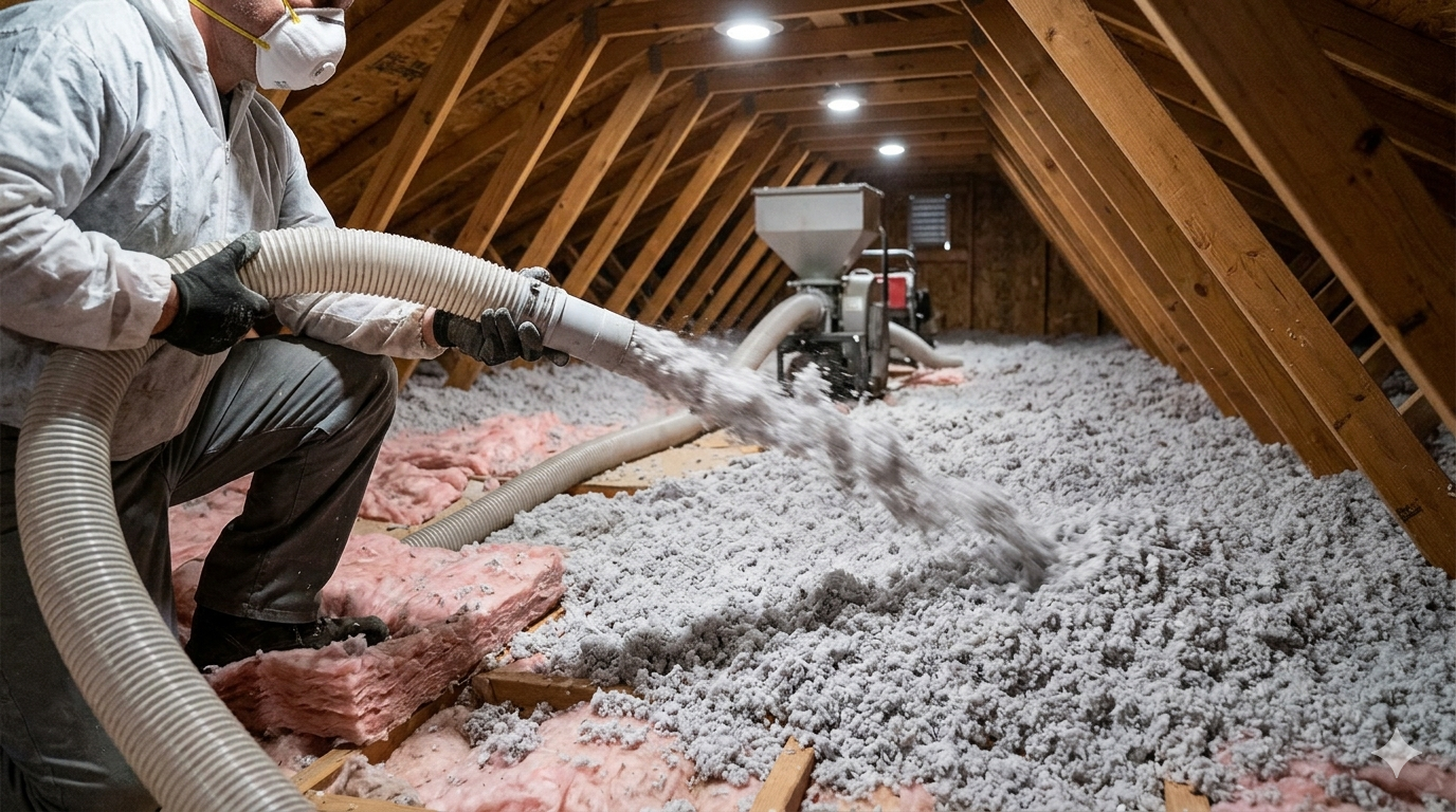 A worker wearing protective gear uses a hose to blow gray loose-fill insulation into an unfinished attic.