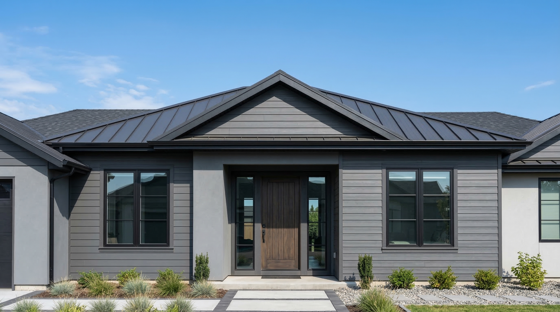 A modern single-story home with dark gray horizontal siding, black metal roof, and a wooden front door.