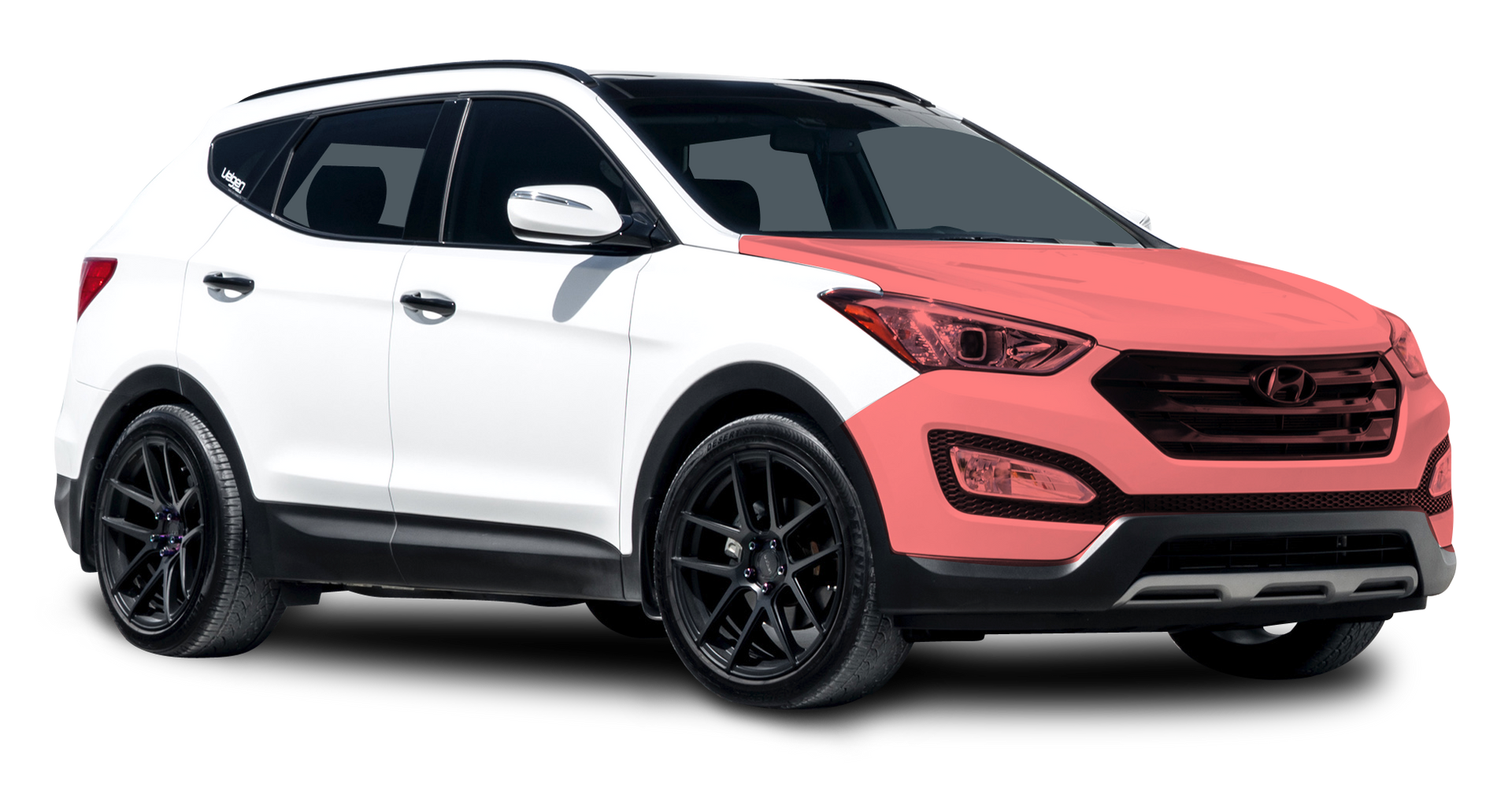 A white suv with a red hood and black wheels on a white background.