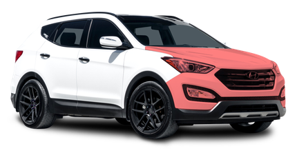 A white suv with a red hood and black wheels on a white background.