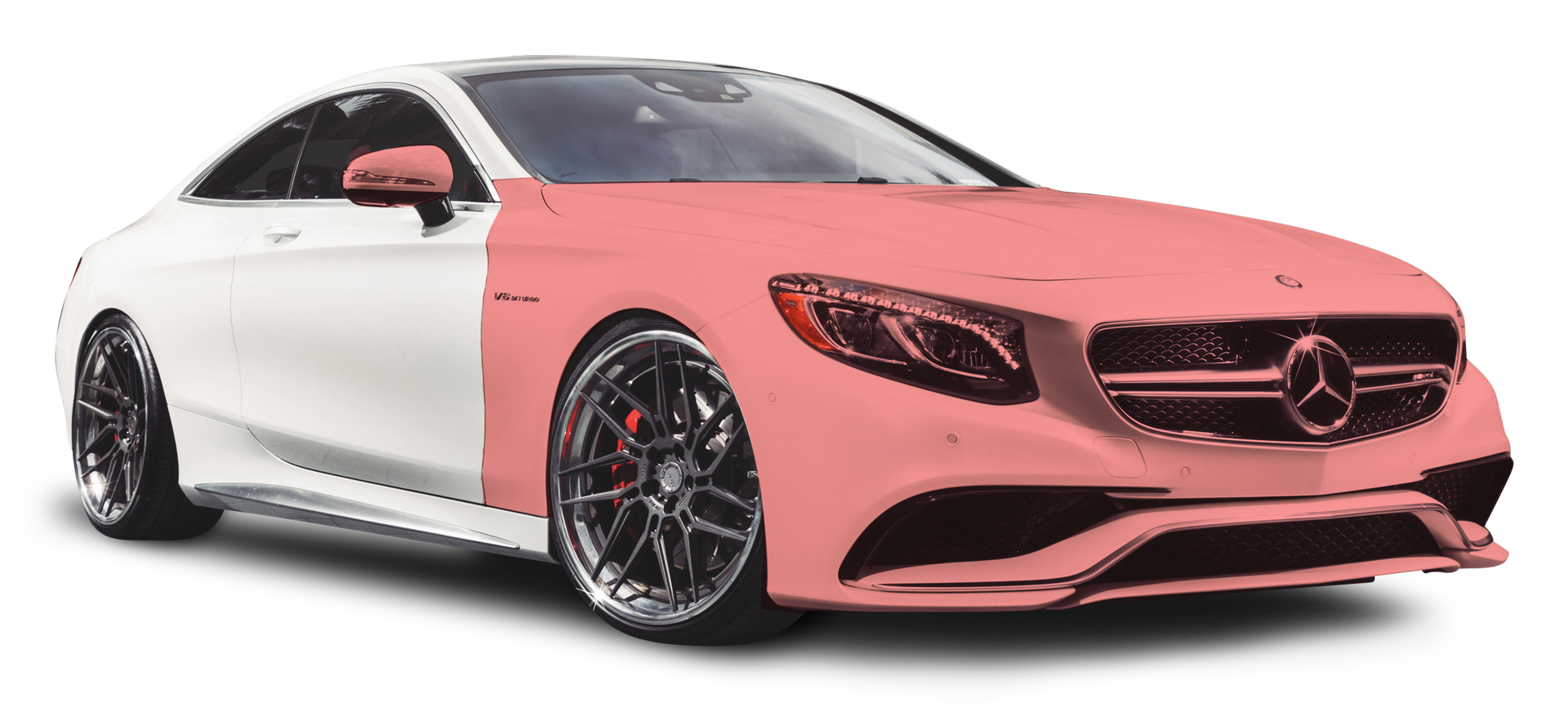 A white mercedes benz s63 amg coupe with a pink paint job.