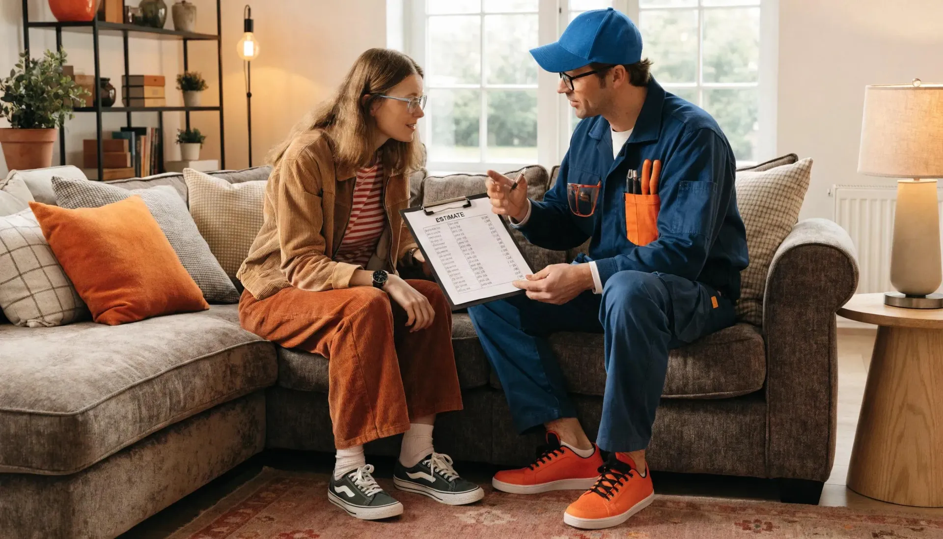 Electrician explaining GFCI outlet installation costs to a homeowner in a comfortable living room