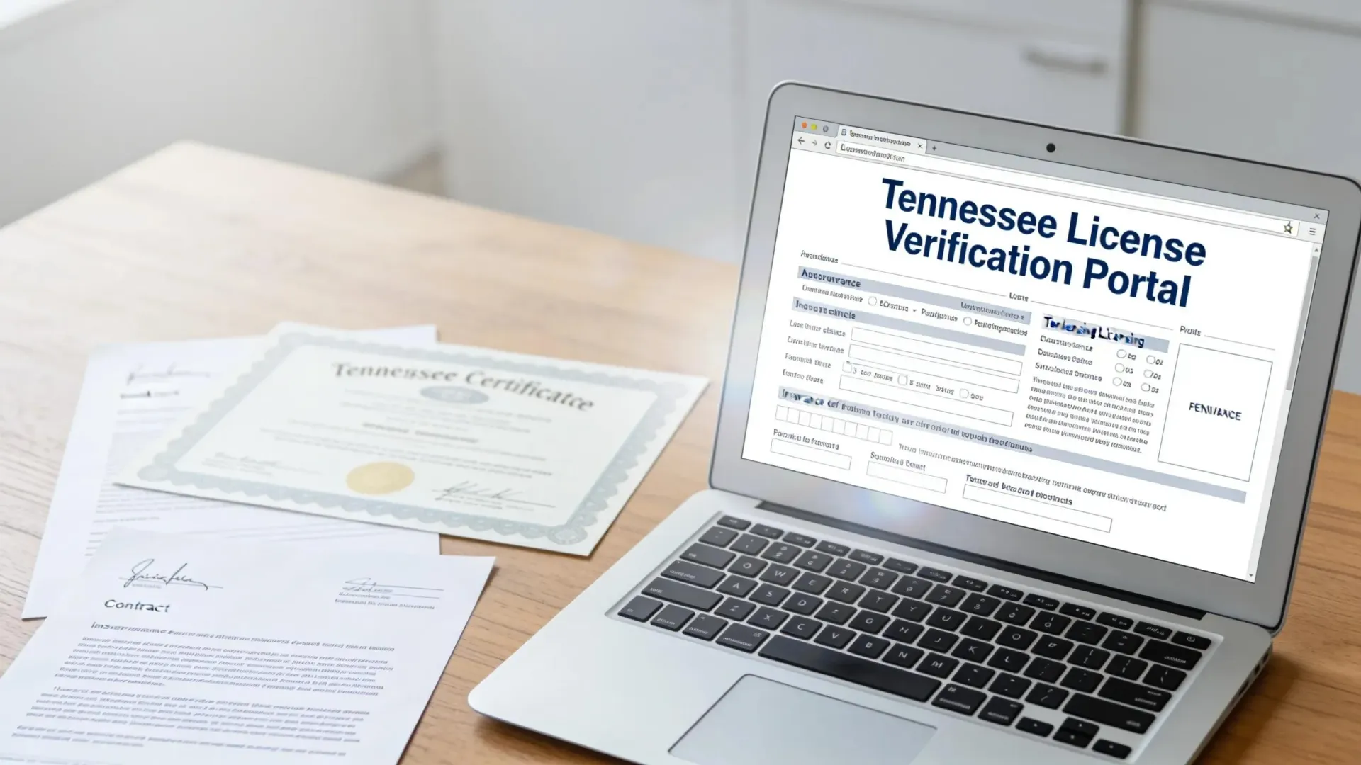 Laptop displaying Tennessee License Verification Portal beside printed documents on a desk