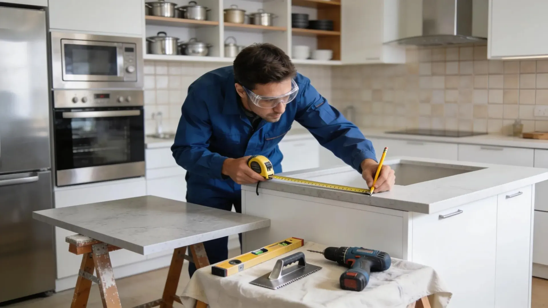 Professional contractor measuring and installing kitchen countertops in a home