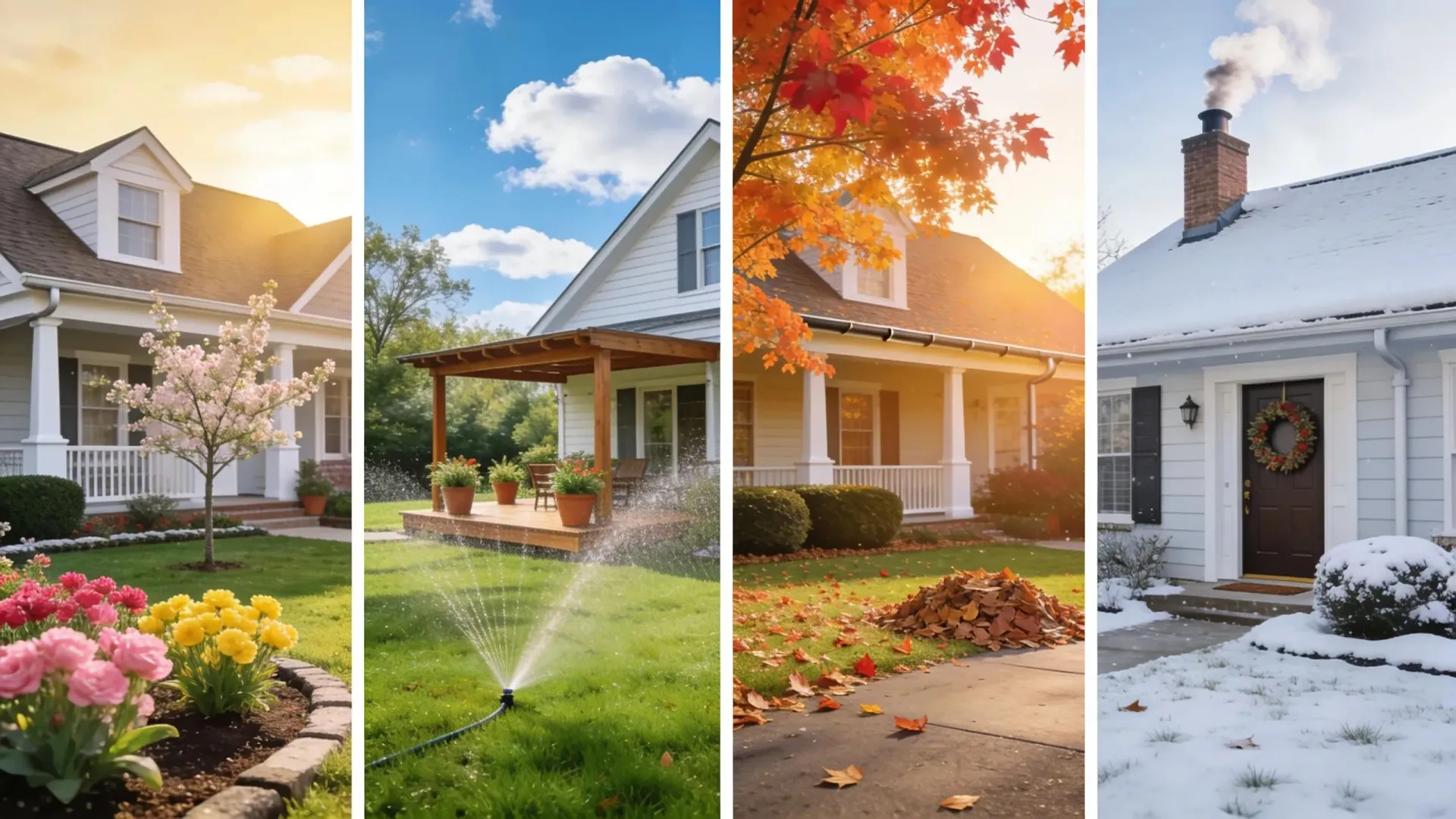 Seasonal home exterior showcasing spring flowers, summer greenery, autumn leaves, and winter snow in