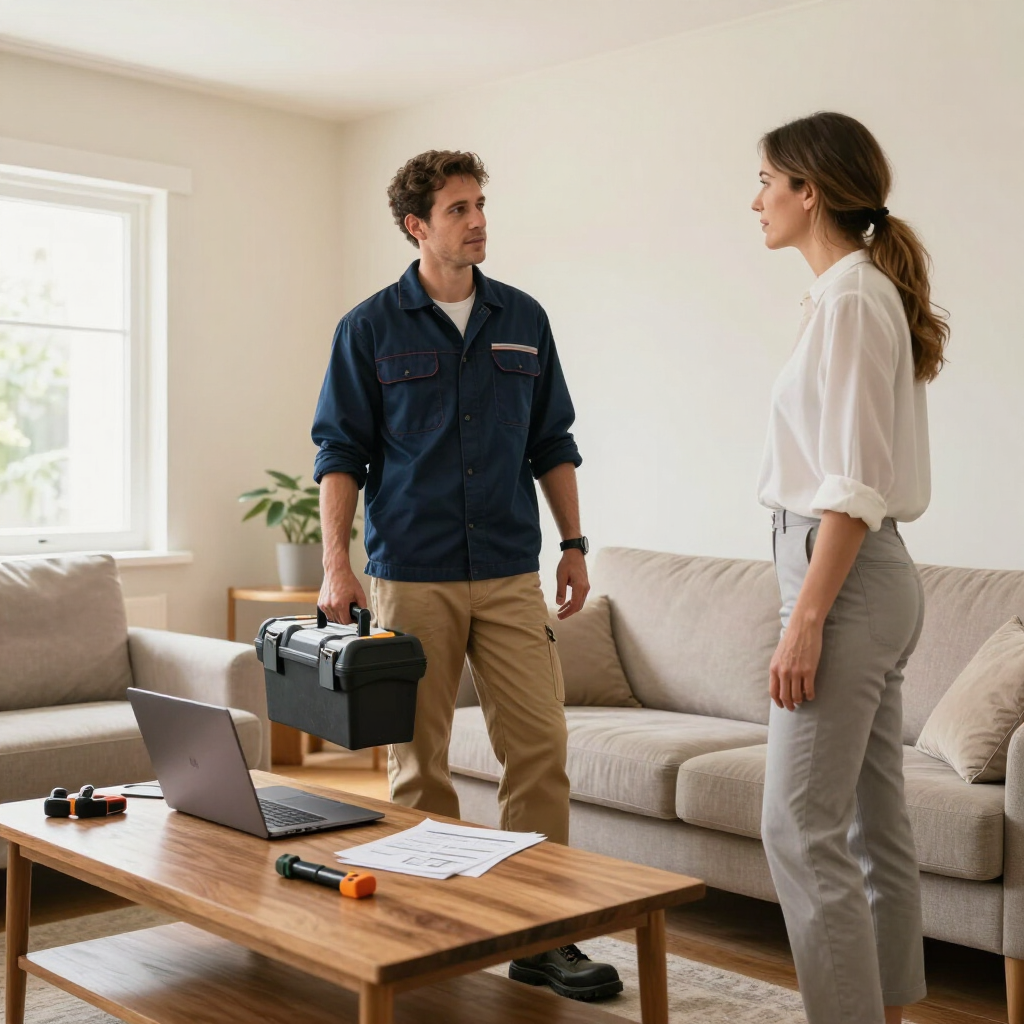 Two people talking in a bright living room beside a laptop and tool case