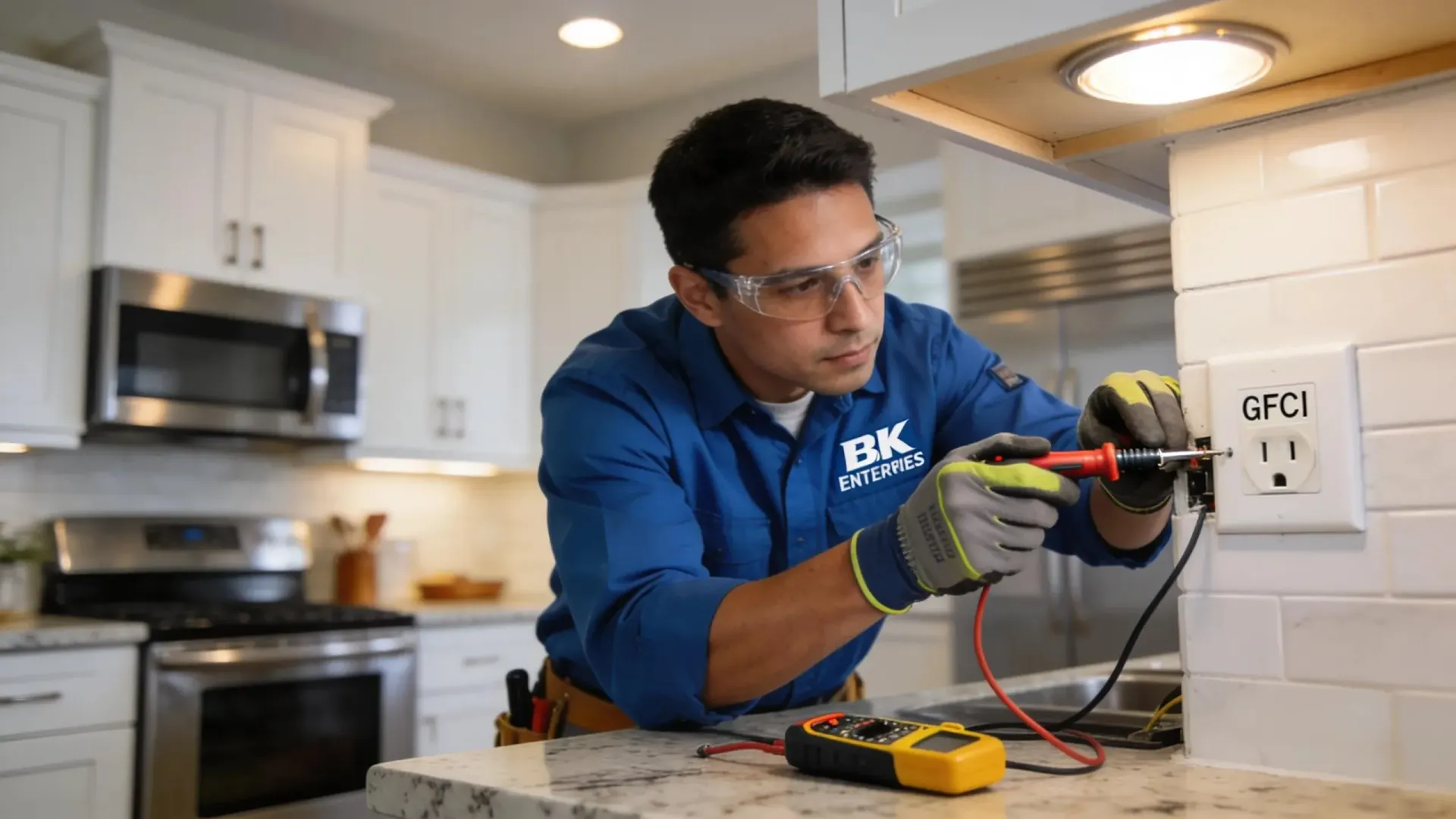 Electrician installing a GFCI outlet in a Franklin, TN home showcasing home electrical upgrades