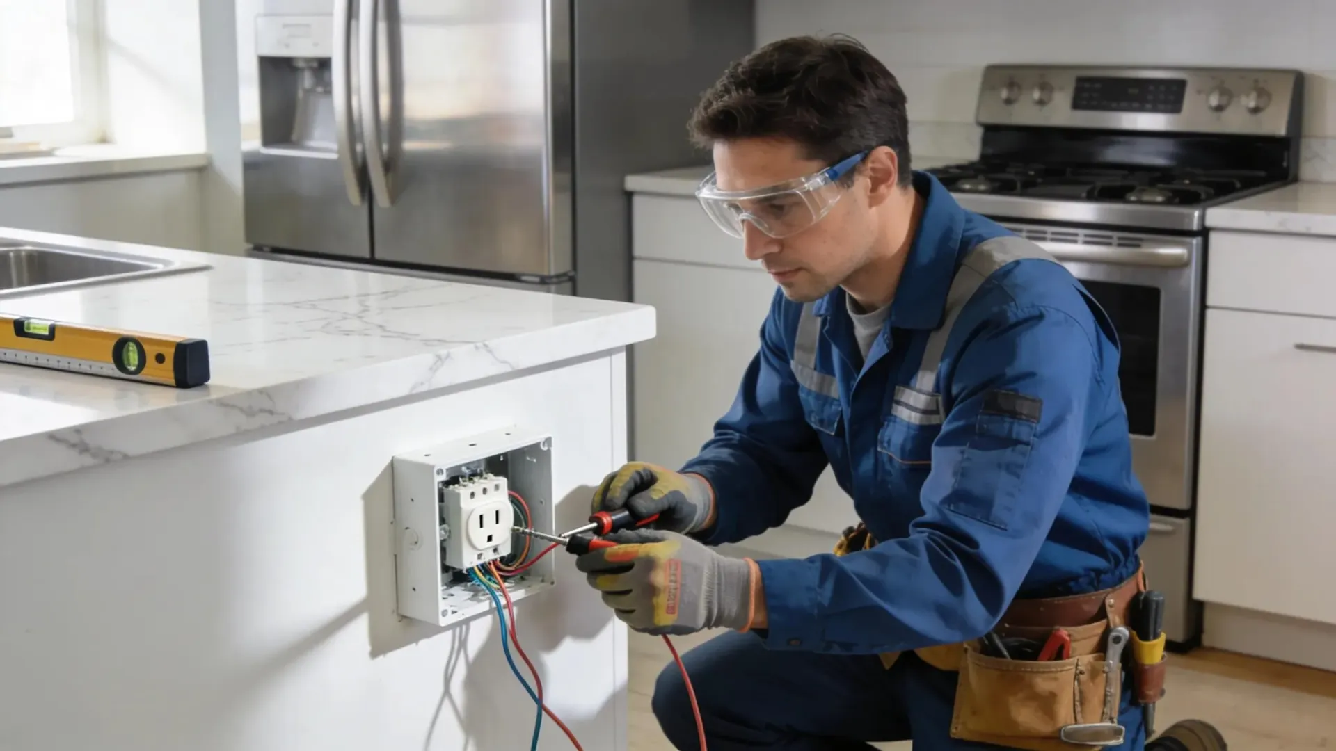 Electrician installing GFCI outlet in a kitchen emphasizing safety