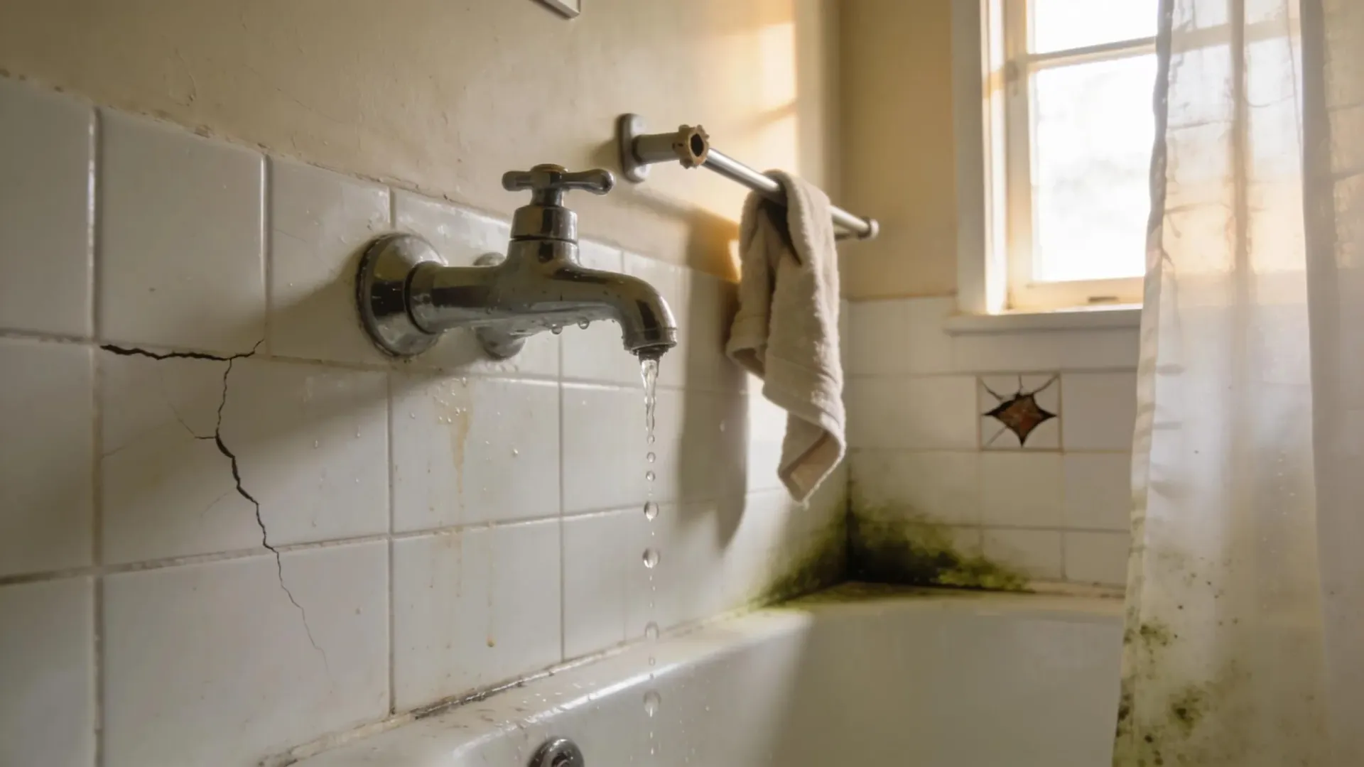 Cracked tiled bathroom wall with leaking faucet above a bathtub and stained curtain