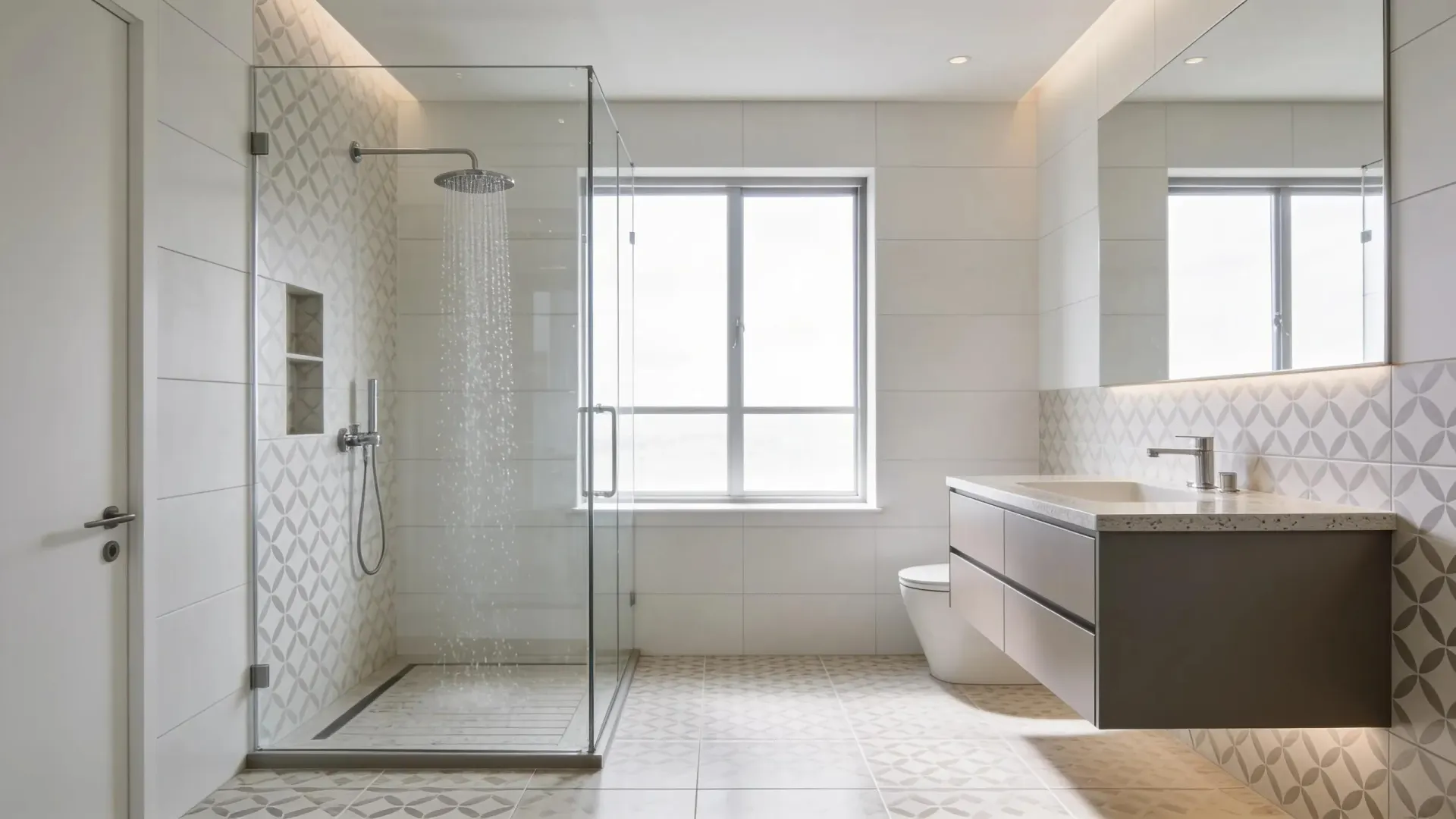 Stylish modern bathroom with walk-in shower and contemporary finishes, emphasizing renovation ROI