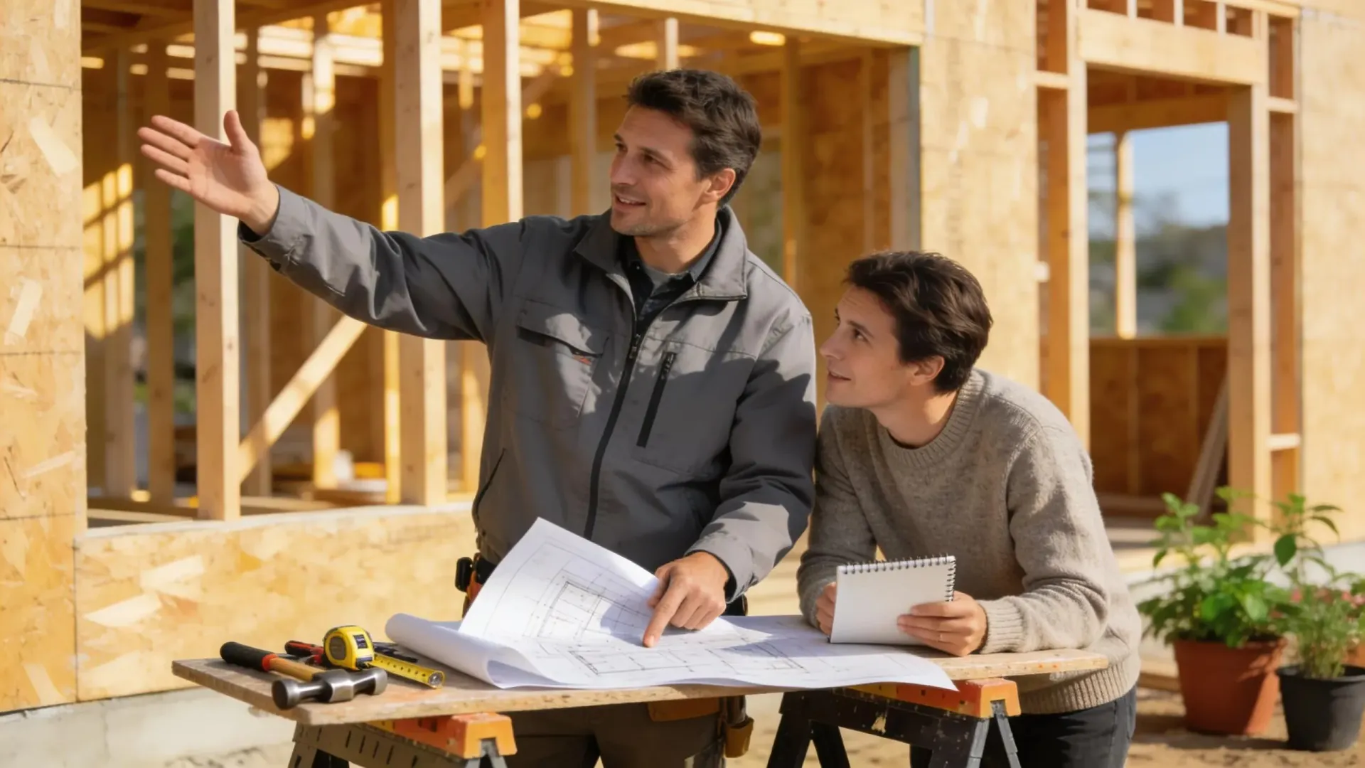 Two people reviewing house plans at a construction site, with wooden framing in the background.