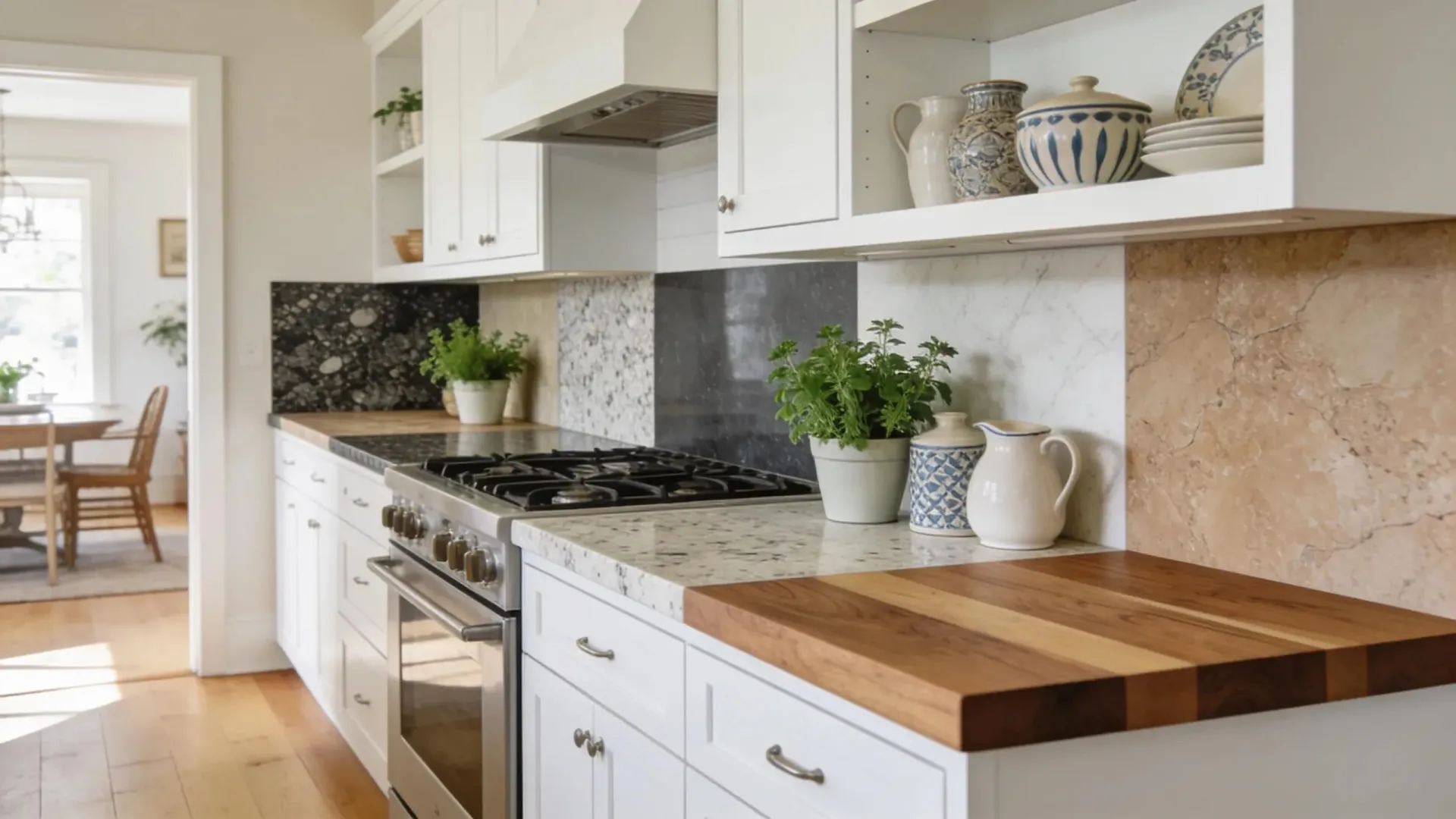 Bright white kitchen with wooden countertops, open shelves, potted herbs, and a gas stove