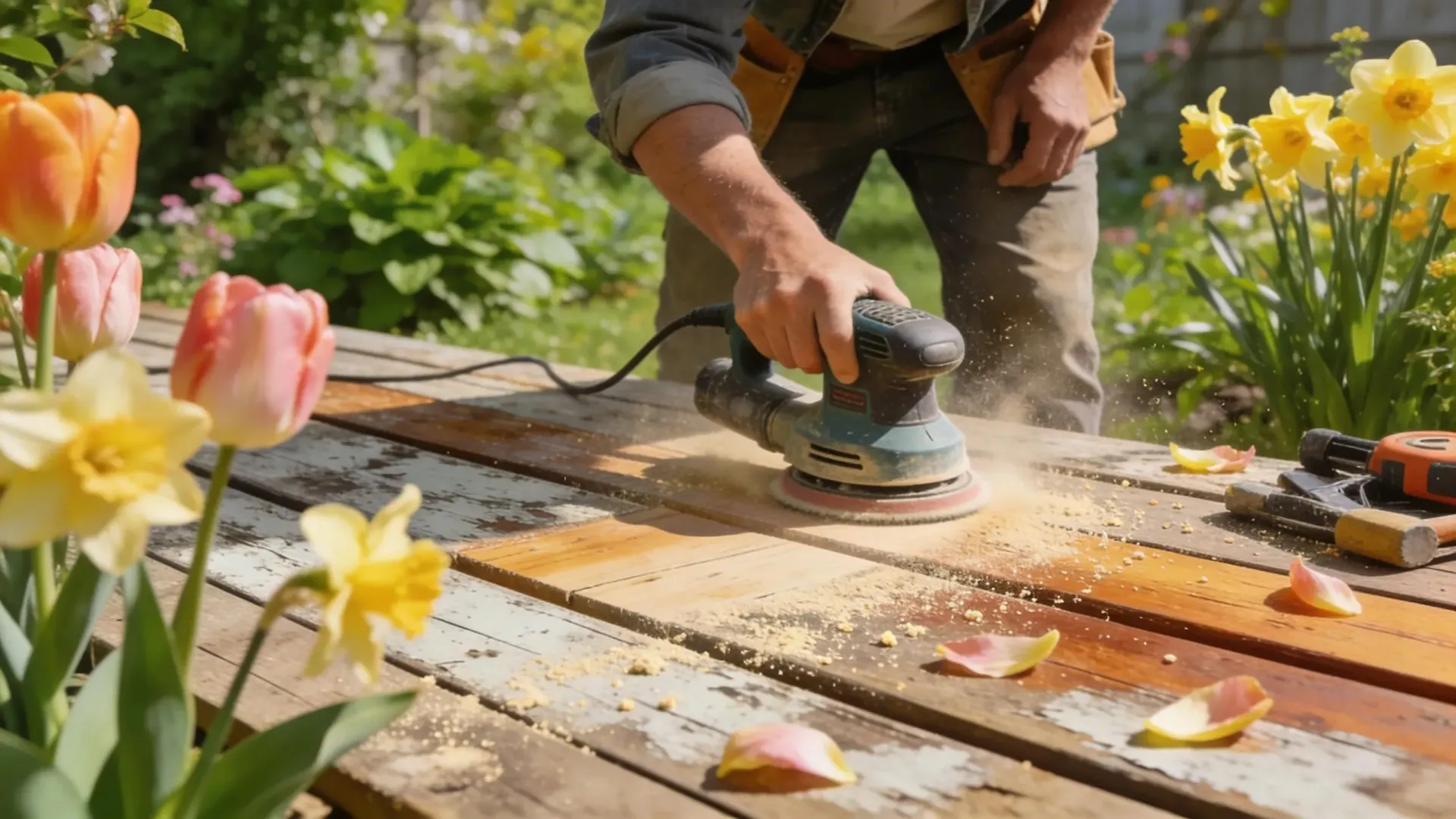 Homeowner repairing a wooden deck in springtime with blooming flowers surrounding them
