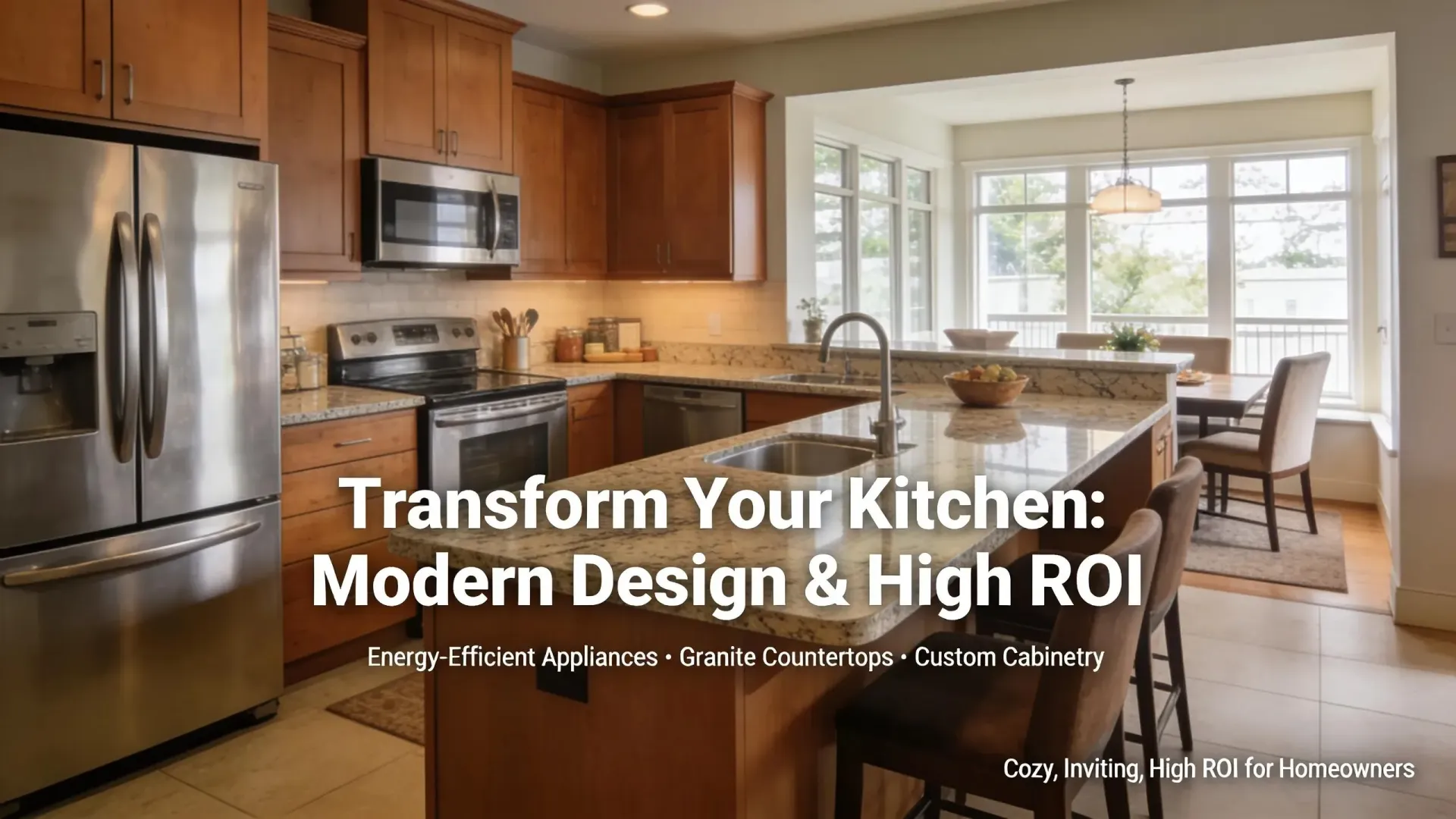 Modern kitchen with wood cabinets, stainless steel appliances, and text: “Transform Your Kitchen, Modern Design & High ROI”
