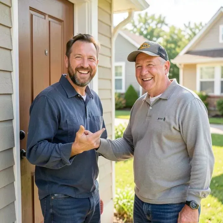 Two men smiling outside a house. One points to the door, the other wears a cap.