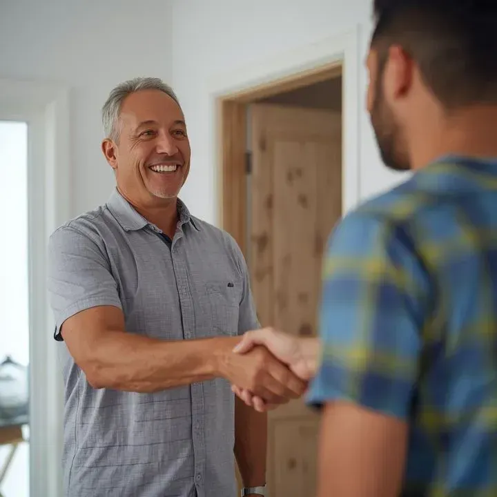 Man shaking hands with another man, smiling indoors.