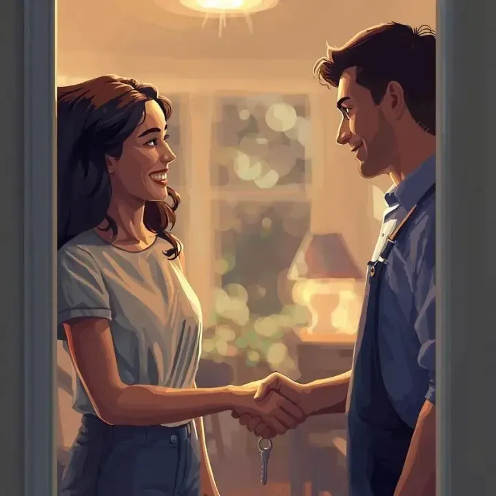 Woman and man shaking hands near a doorway; keys visible. Interior setting. Both are smiling.