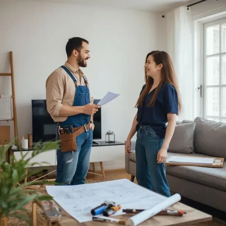 Man in overalls showing papers to a woman in a living room with blueprints on a table.