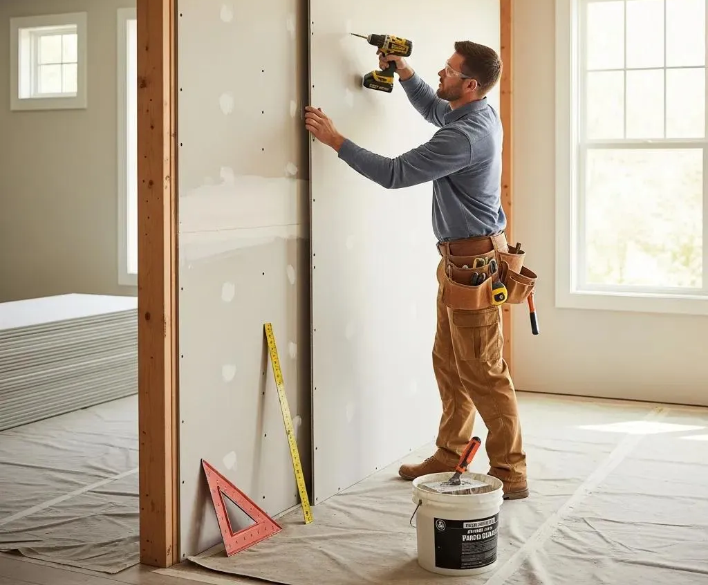 Professional installer fitting drywall in a modern Lebanon home
