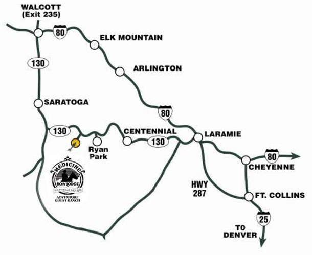Black-and-white map showing a route through Wyoming cities and highways, including Cheyenne, Laramie, and Saratoga.