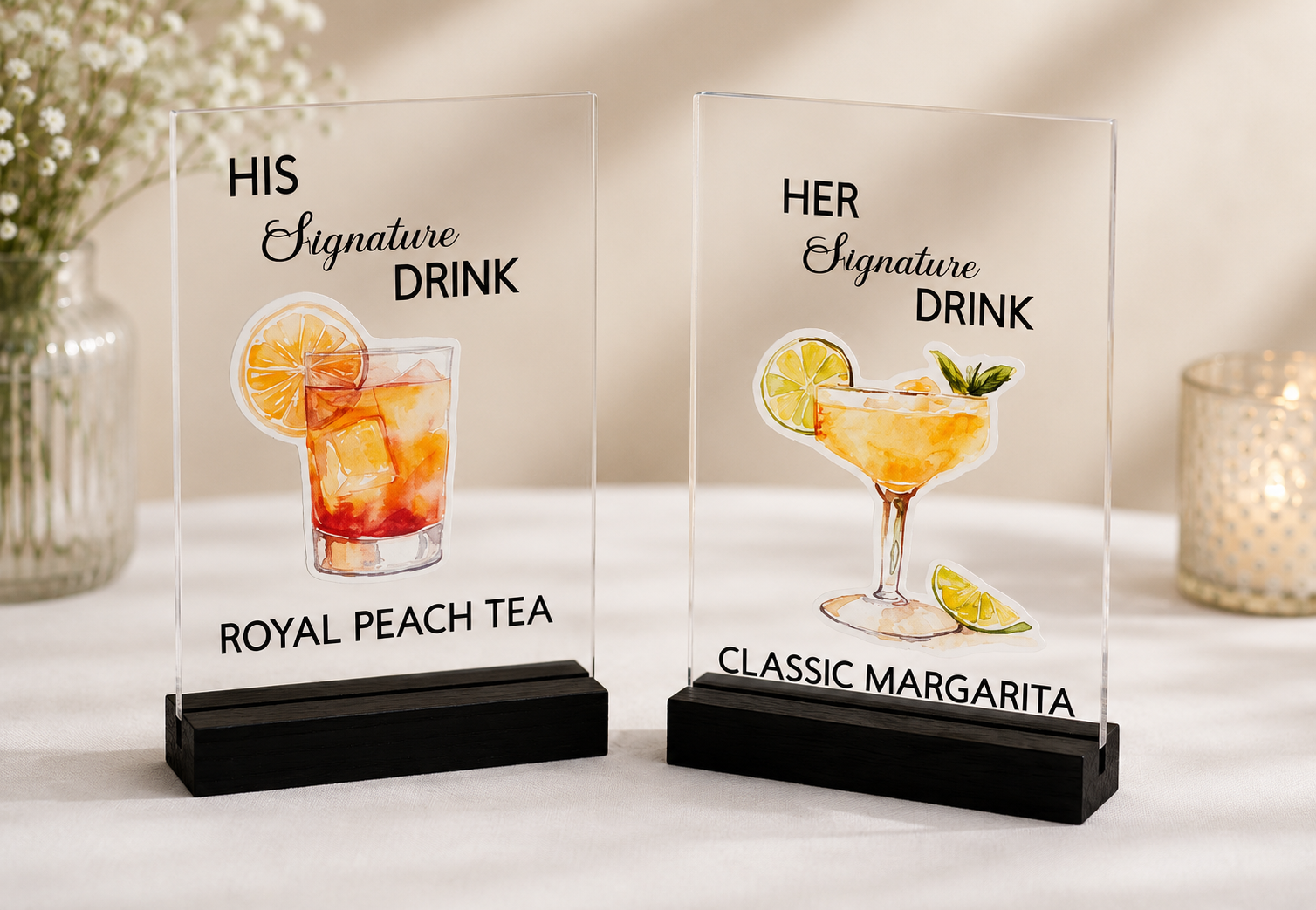 Pair of acrylic drink signs: “His Signature Drink” peach tea and “Her Signature Drink” classic margarita.