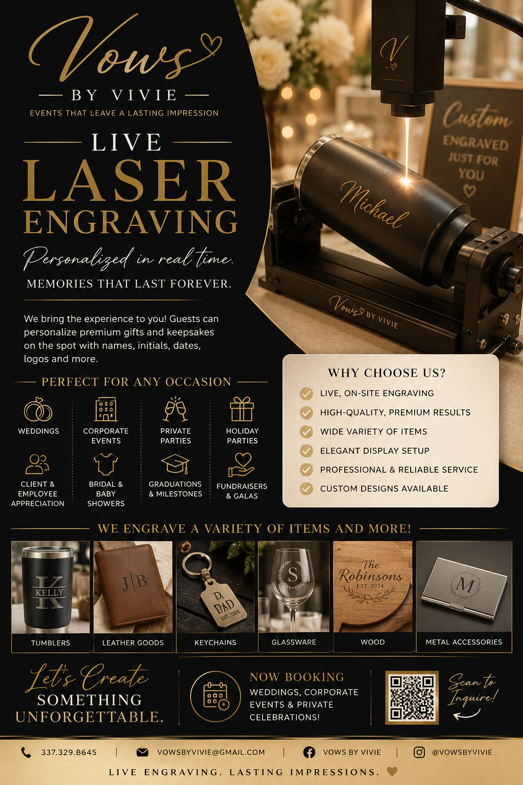 Black and gold flyer for live laser engraving on luxury gifts, with engraved tumbler and gift examples.