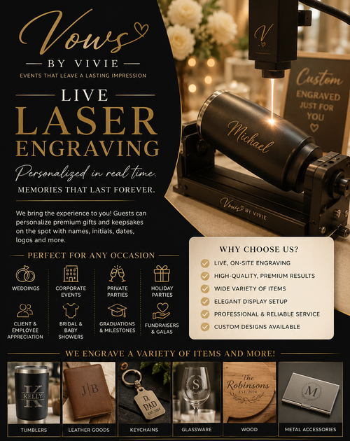 Black-and-gold ad for Vows by Vivie custom laser engraving on wedding favors and gifts.