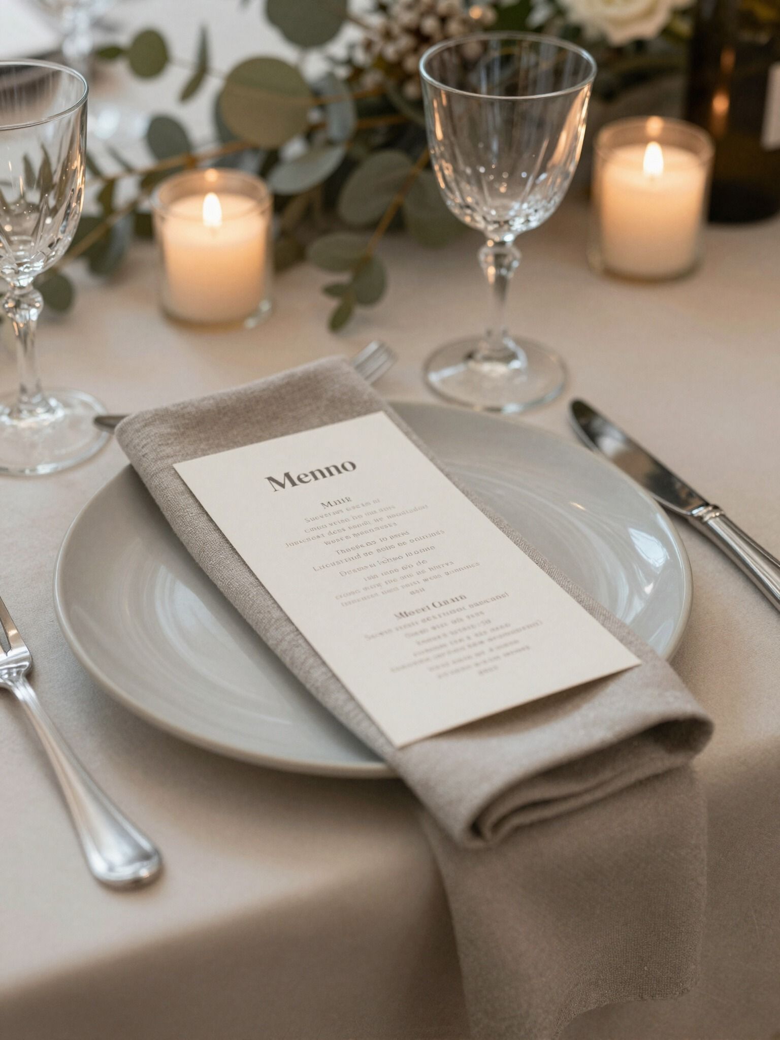 Elegant candlelit dining table with menu card, white plates, silverware, and wine glasses