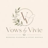 Vows by Vivie logo with olive branches and “Wedding Planning & Event Rentals” on a beige background