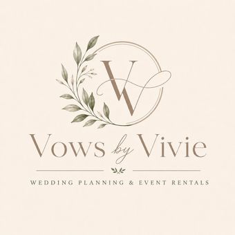 Vows by Vivie logo with olive branches and “Wedding Planning & Event Rentals” on a beige background