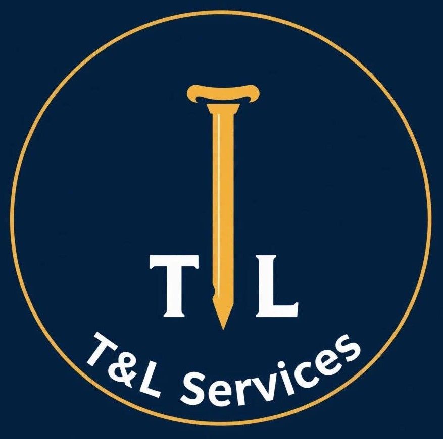 T&L Services logo with gold sword-like T between white T and L on a navy circle