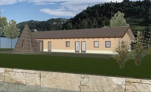 Rappresentazione artistica di una casa con il tetto marrone