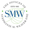 Logo for Stephanie M. Weaver, Esq., with "SMW" initials, leaf design, and office details in a circular layout.
