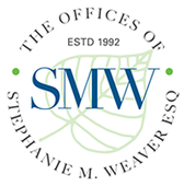 Logo for Stephanie M. Weaver, Esq., with "SMW" initials, leaf design, and office details in a circular layout.