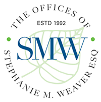 Logo for Stephanie M. Weaver, Esq., with "SMW" initials, leaf design, and office details in a circular layout.