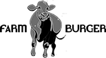 A black and white drawing of a cow and the words `` farm burger ''.
