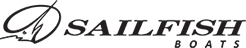 A black and white logo for sailfish boats on a white background.