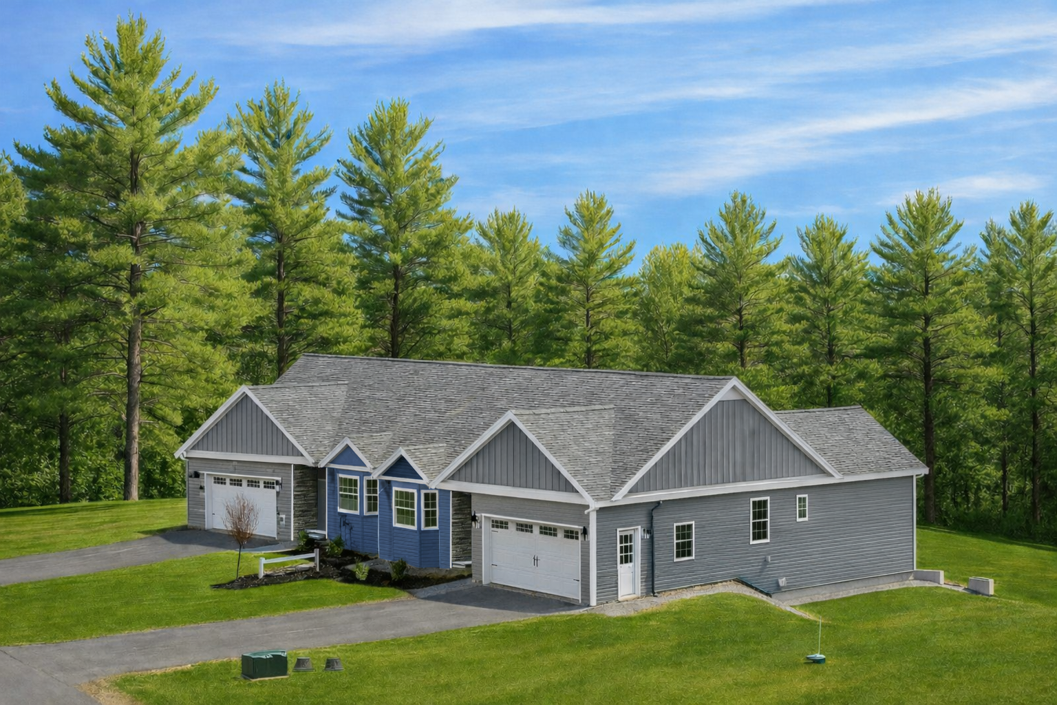 Single level ranch style home with an attached garage and green lawn, backed by tall pine trees.
