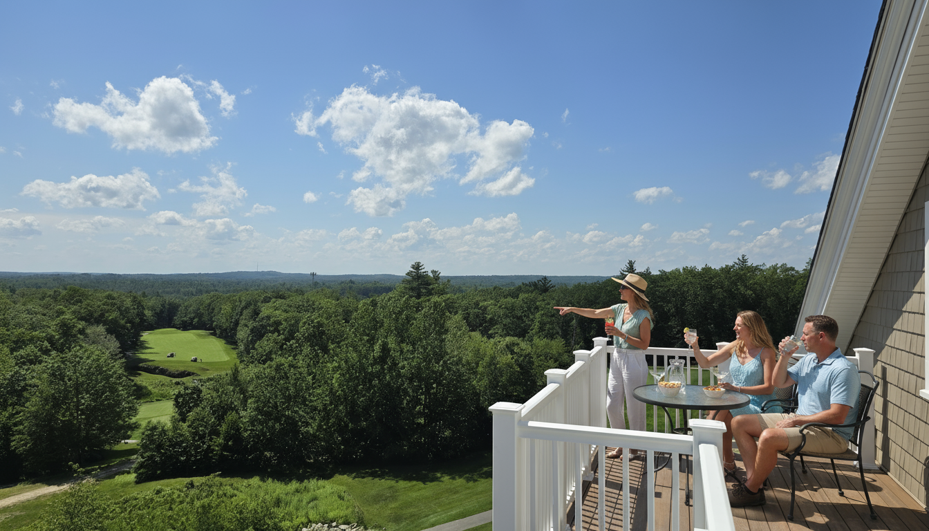 People on a condo balcony overlooking a green landscape with trees and a golf course, sunny day.