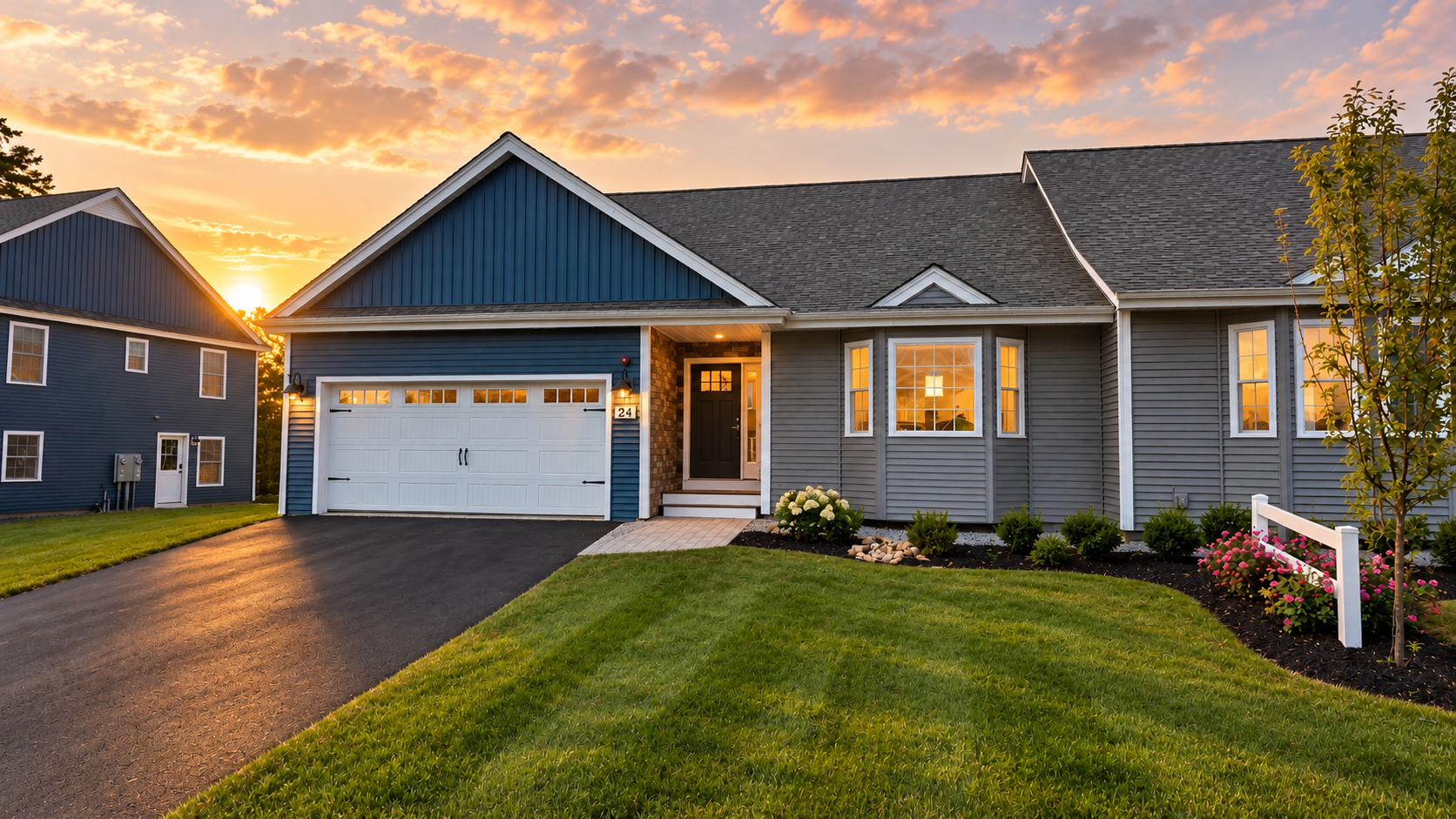 Suburban house at sunset with blue siding, white garage, manicured lawn, and warm porch lights
