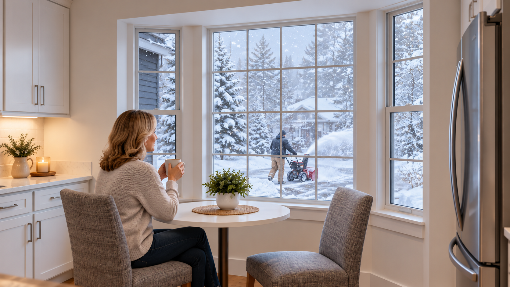 Person sits at a table in a bright kitchen, looking out a bay window at a snowy yard.
