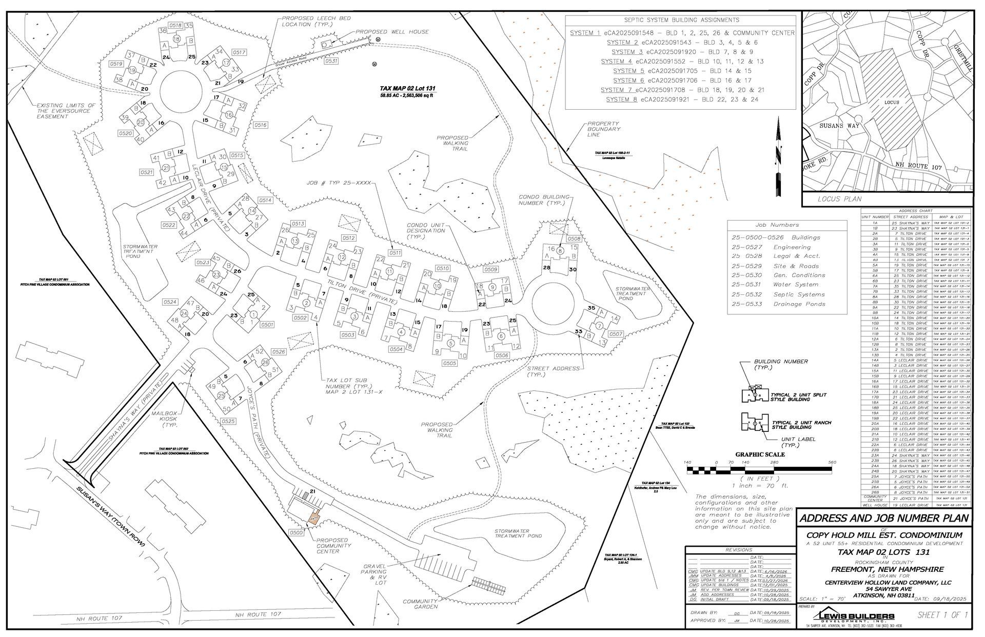 Click to open or download PDF Detailed address and marketing plan of Copyhold Mill Estates Condominium. Shows buildings, roads, contours, and a key with symbols.