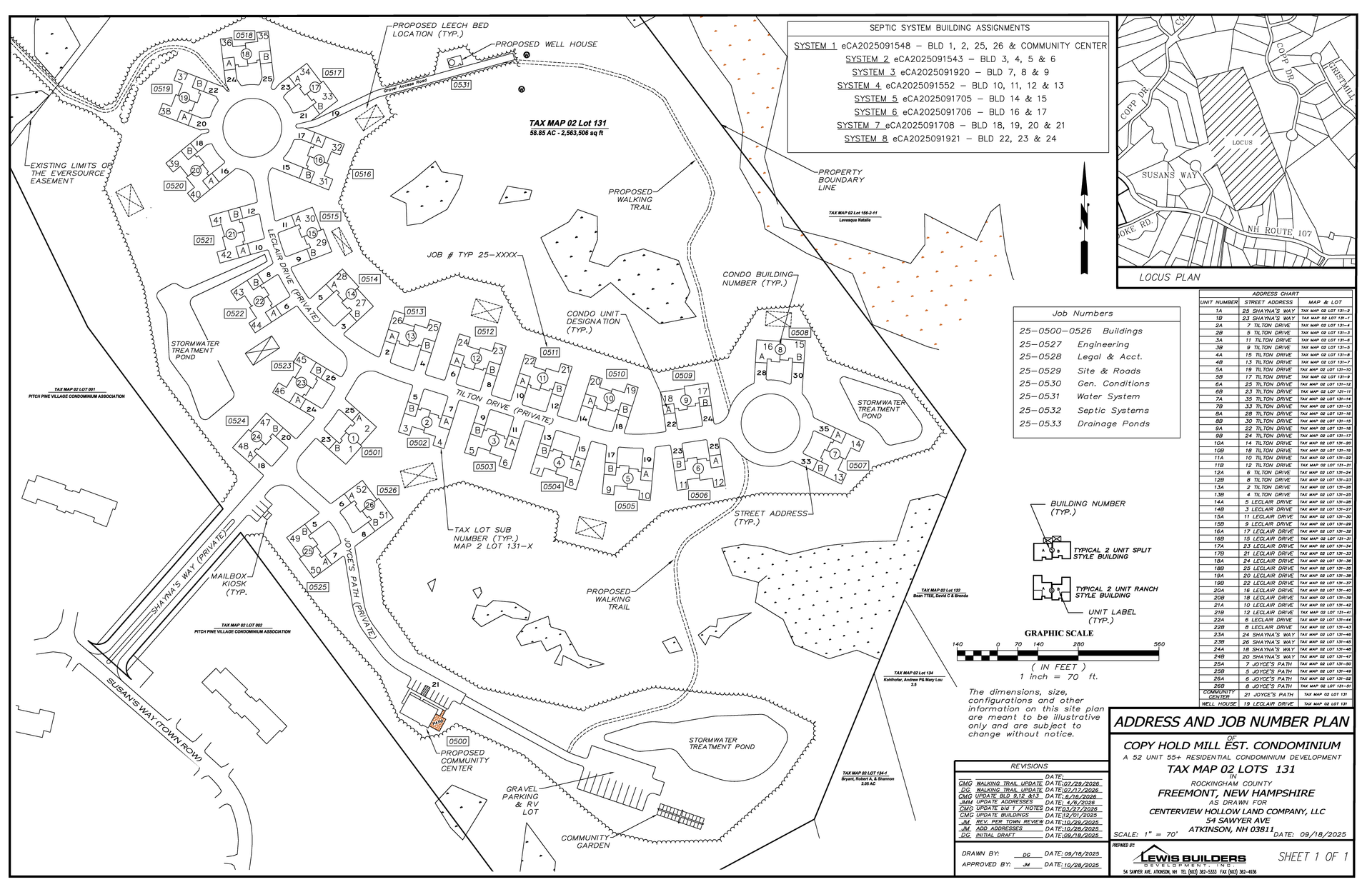 Click to open or download PDF Detailed address and marketing plan of Copyhold Mill Estates Condominium. Shows buildings, roads, contours, and a key with symbols.