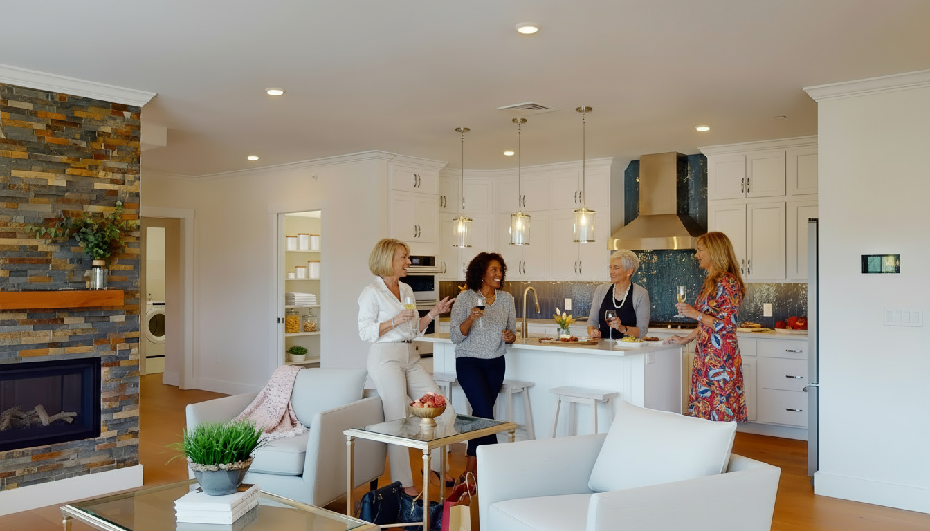 Homeowners socializing with friends in a bright, modern kitchen and living room with white cabinets and a stone fireplace