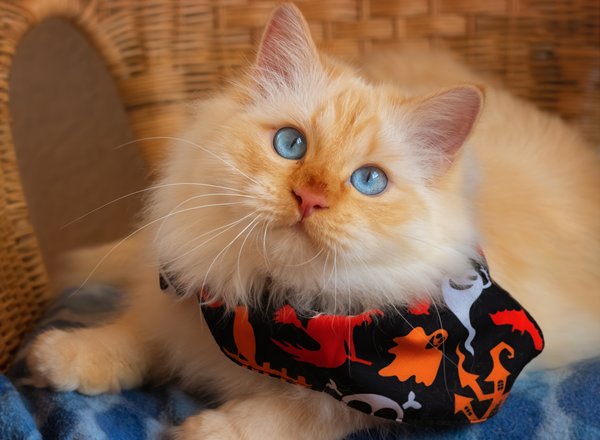 Fluffy orange cat with blue eyes wearing a black-and-red Halloween bandana on a blue blanket