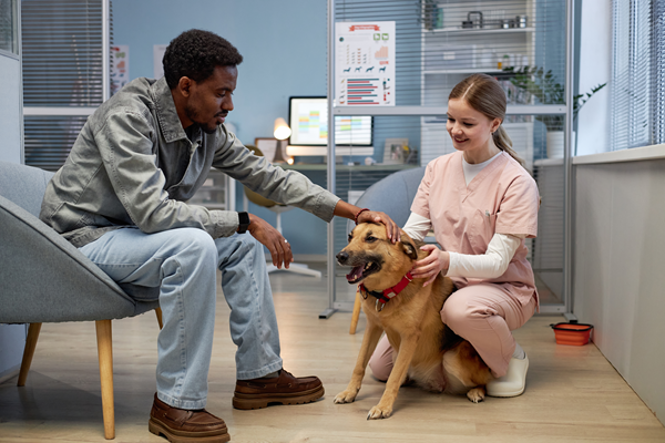 Man and woman pet a smiling dog in a veterinary exam room