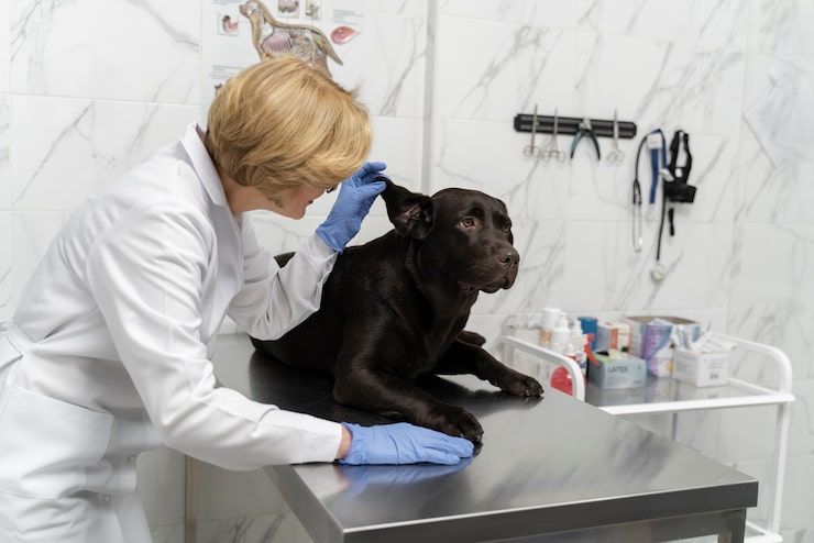Veterinarian examining a small black dog on a clinic table