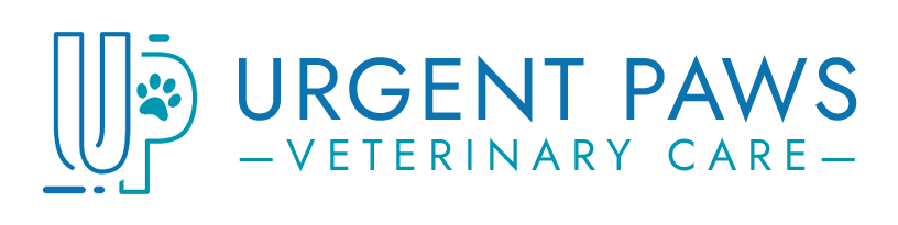 Urgent Paws Veterinary Care logo with a blue paw and stethoscope icon