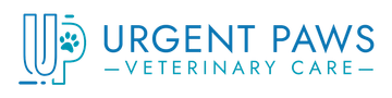 Urgent Paws Veterinary Care logo with a blue paw and stethoscope icon